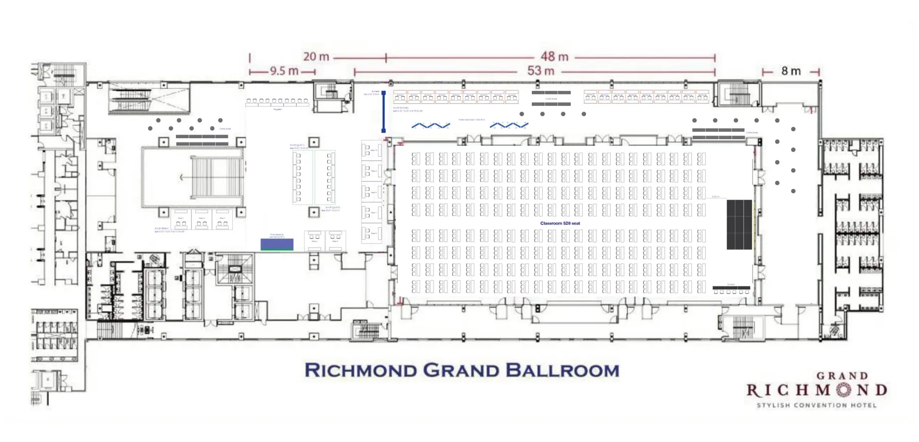 Floor plan of the Richmond Grand Ballroom with classroom seating, foyer and registration area