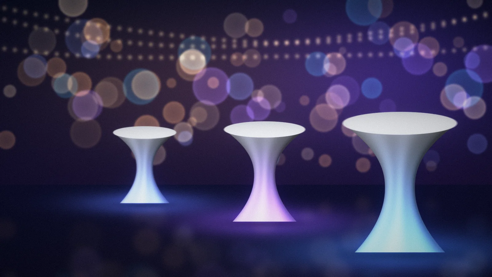 Illustration of lit standing tables at an evening reception