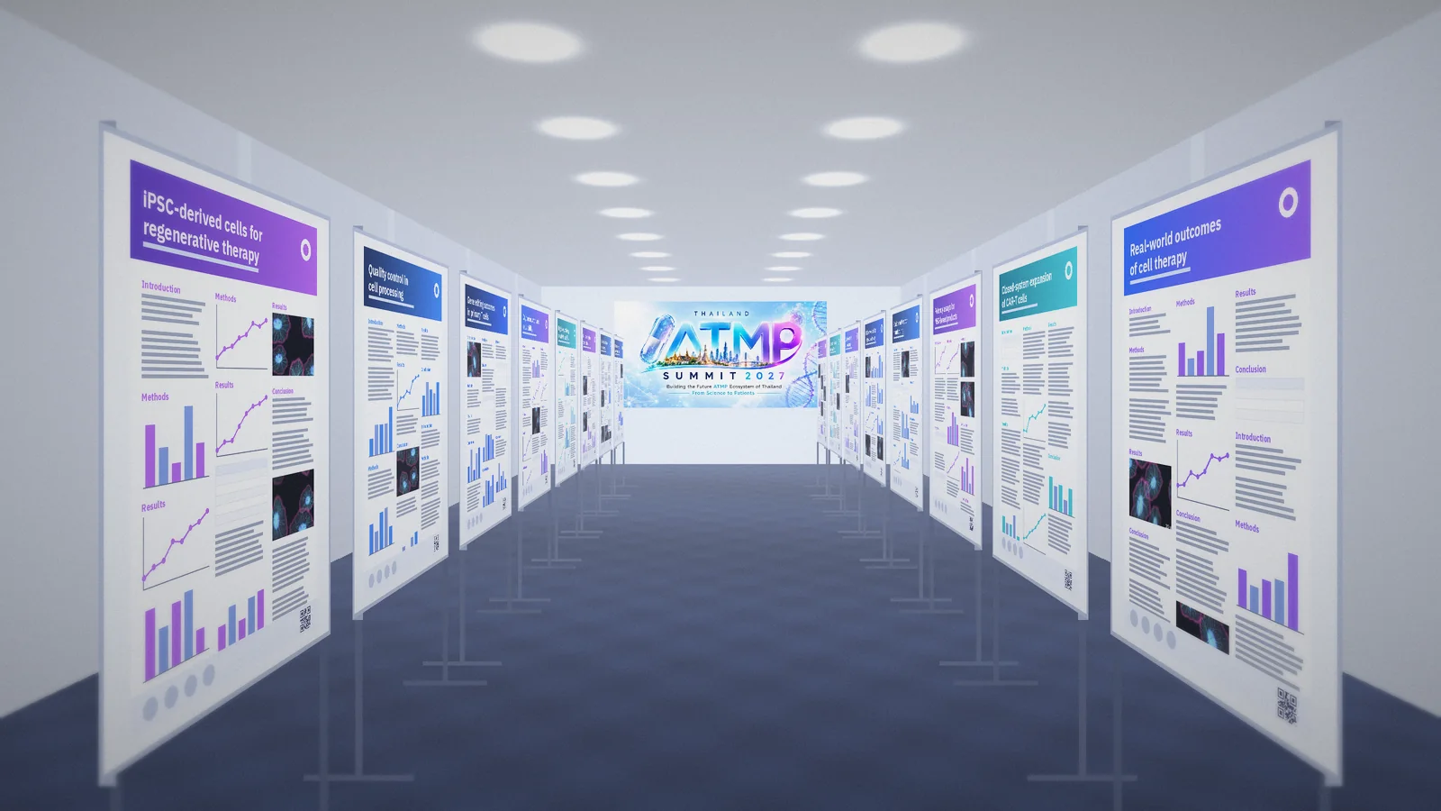 Illustration of research posters on boards along an exhibition aisle