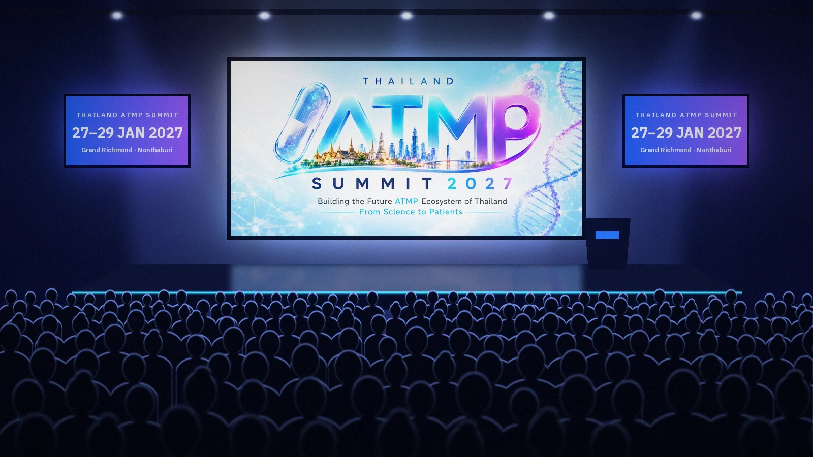 Illustration of an audience in silhouette facing a stage with the summit key visual on screen